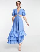 Asos Design Cut Out Bodice Ring Detail Midi Dress With Frill Hem-blue