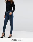 Asos Tall Lisbon Mid Rise Skinny Jeans In Amelie Darkwash With Vent Hem - Blue