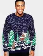 Asos Holidays Sweater With Snow Scene Design - Navy