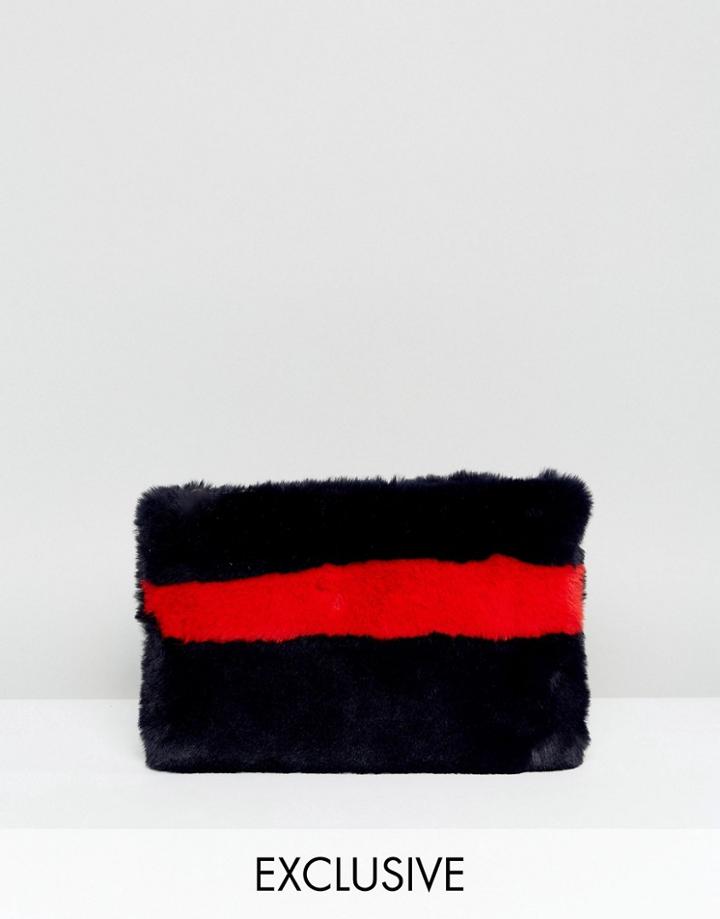 My Accessories Faux Fur Navy & Orange Stripe Clutch Bag - Navy