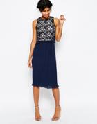 Asos Lace Top Pleated Midi Dress - Navy