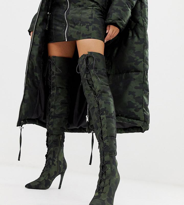Asos Design X Laquan Smith Padded Over The Knee Heeled Boot In Camo Jacquard - Multi