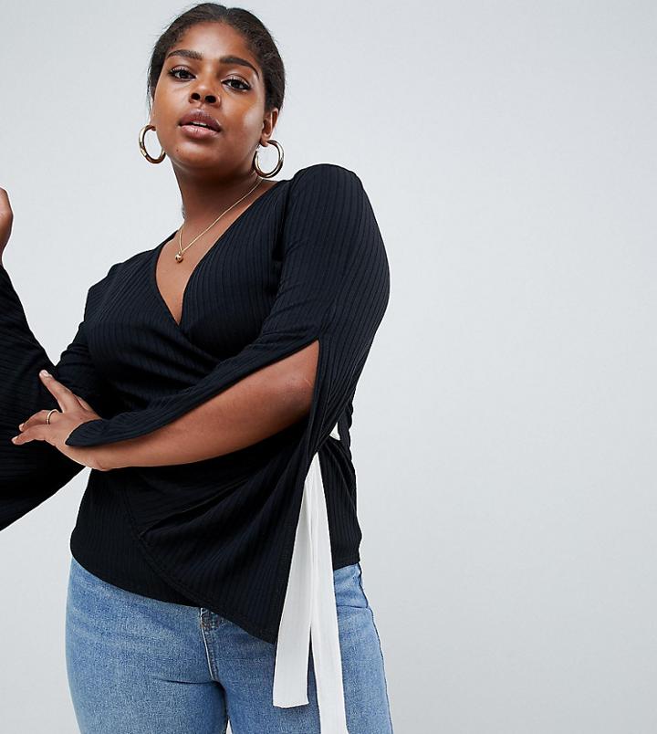 Boohoo Plus Split Sleeve Tie Side Top In Black - Black