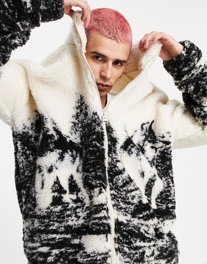 Jaded London Sherpa Jacket With Wolf Print-black