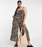 Lola May Plus Wide Leg Jumpsuit With Bunny Tie In Leopard-multi