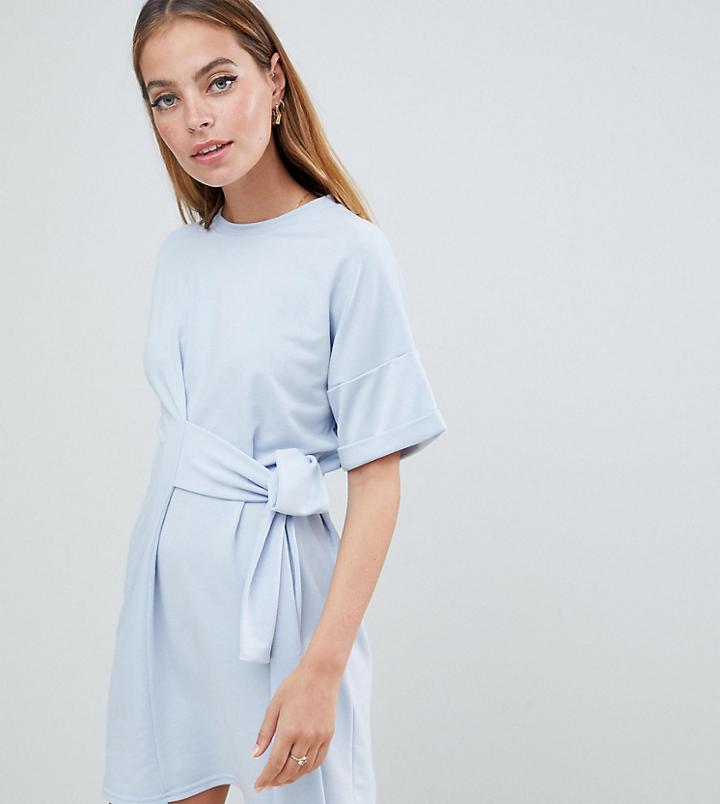 Boohoo Petite Tie Waist T-shirt Dress - Blue