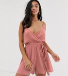 Asos Design Petite Wrap Tie Front Romper In Crinkle - Beige