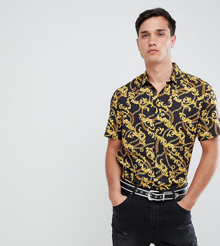 Asos Design Tall Regular Fit Baroque Chain Print Shirt In Black - Black
