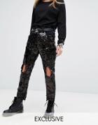 One Above Another Shredded Jeans In Sequin - Black