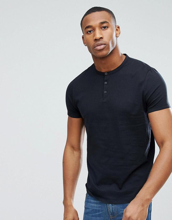 Asos Design Grandad Neck T-shirt With Curved Hem In Black - Black