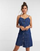 Pieces Strappy Denim Dress In Mid Wash Blue-blues