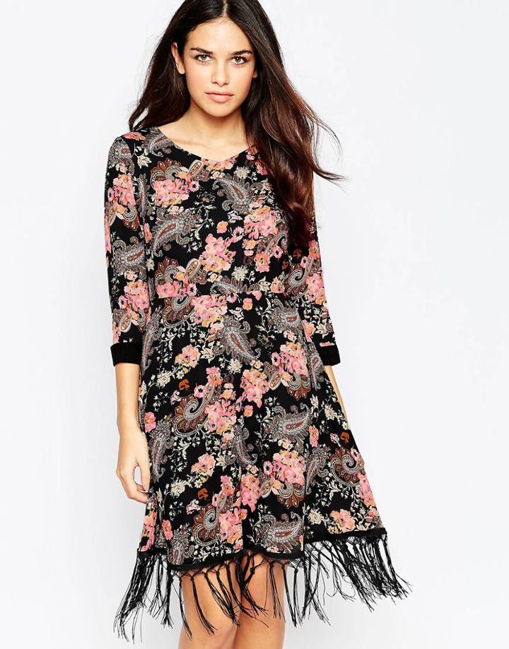Style London Festival Dress With Fringed Hem - Black