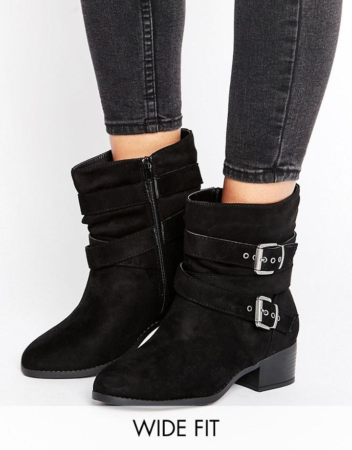 New Look Wide Fit Multi Strap Buckle Suedette Heeled Boots - Black
