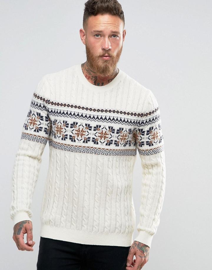 Asos Lambswool Rich Sweater With Cable And Fairisle - White