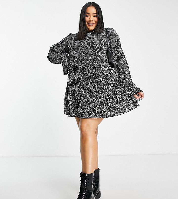 Yours High Neck Pleated Mini Dress In Black Micro Polka Dot