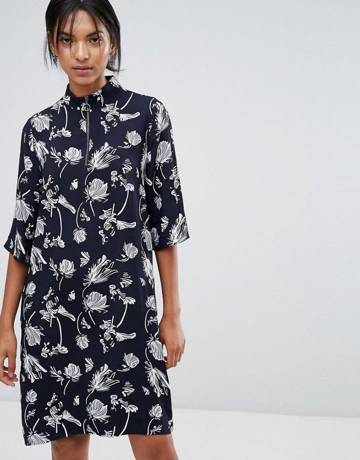 Just Female Hamie Print High Neck Loose Dress - Navy