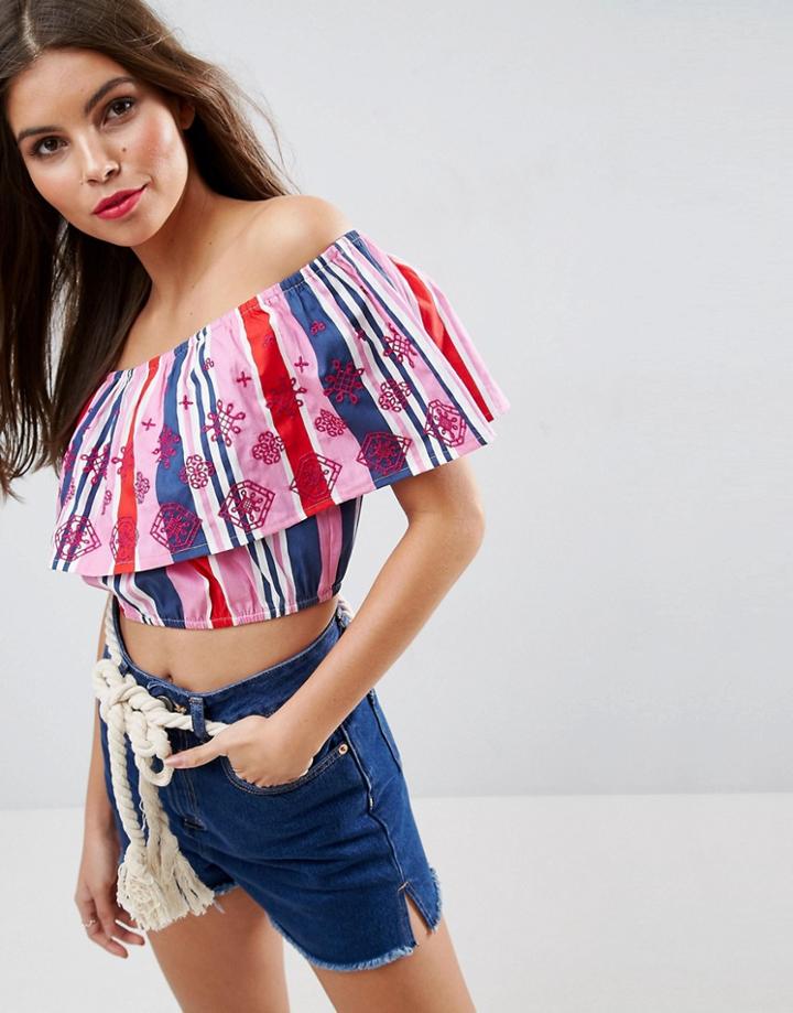 Asos Embroidered Off Shoulder Stripe Crop Top - Multi