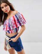 Asos Embroidered Off Shoulder Stripe Crop Top - Multi