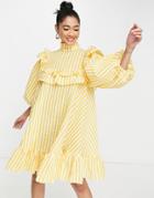 Asos Edition Textured Ruffle Mini Dress With High Neck In Yellow Stripe