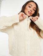 Topshop Knitted Cable Half Zip Up Sweater In Ecru-white