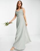 Asos Design Bridesmaid Cami Maxi Dress With Ruched Bodice And Tie Waist In Olive-green