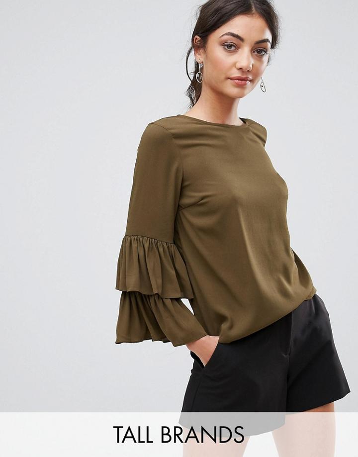 Vero Moda Tall Frill Sleeve Top - Green