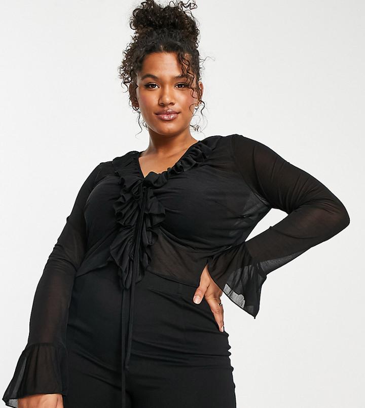 Asos Design Curve Ruffle Front Floaty Mesh Top In Black