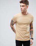 Asos Muscle T-shirt In Beige With Roll Sleeve - Beige