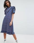 Stylenanda T-shirt Dress In Stripe With Half Zip - Navy