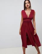 Asos Design Premium Lace Insert Pleated Midi Dress - Red