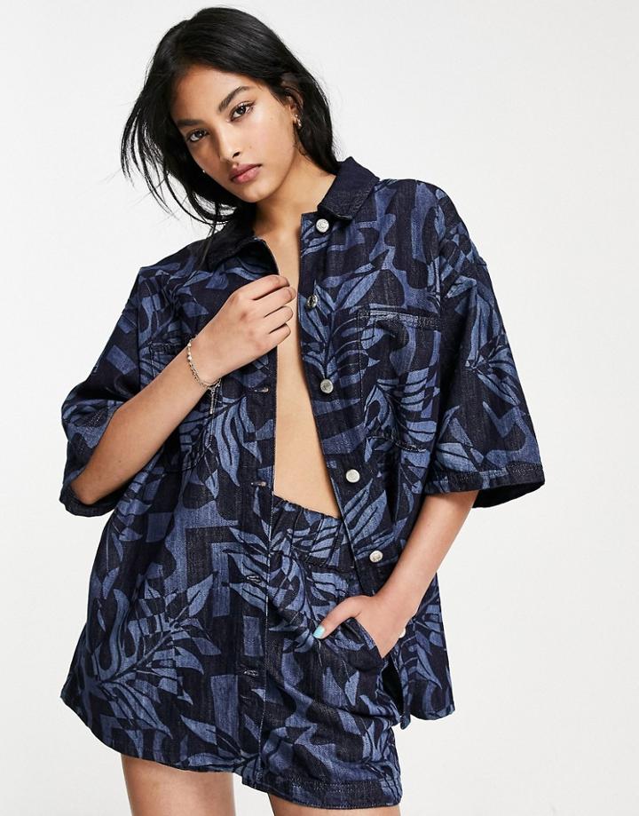 Topshop Palm Laser Print Lightweight Denim Shirt In Indigo - Part Of A Set-blue