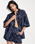 Topshop Palm Laser Print Lightweight Denim Shirt In Indigo - Part Of A Set-blue