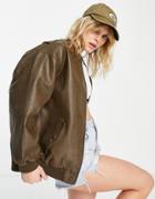Topshop Faux Leather Oversized Washed Bomber Jacket In Brown