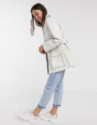 Asos Design Four Pocket Belted Faux Leather Jacket In White