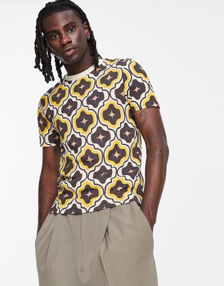 Asos Design Skinny T-shirt In Yellow And Brown Jacquard