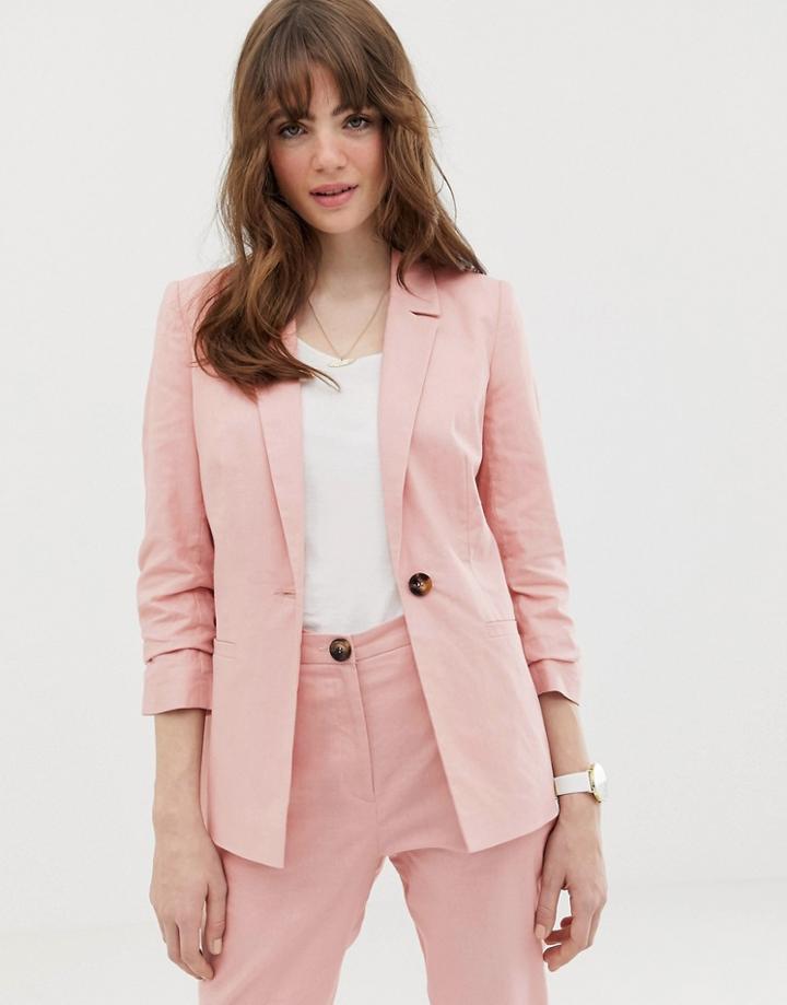Asos Design Linen Blazer With Ruched Sleeve-pink