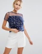 Qed London Embroidered Mesh Top - Navy