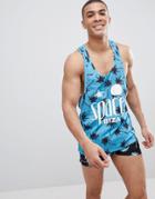 Asos Design Space Ibiza Extreme Racer Back Tank With All Over Palm Print Two-piece - Blue