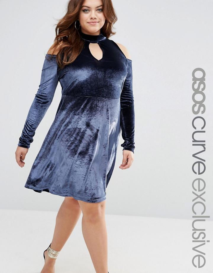 Asos Curve Velvet Cold Shoulder Swing Dress With Key Hole - Blue