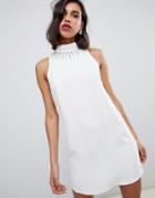 River Island Swing Dress With Embellished Neckline In Ivory-white