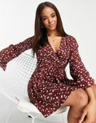 In The Style X Billie Faiers Pleated Wrap Front Skater Dress In Brown Floral Print-multi
