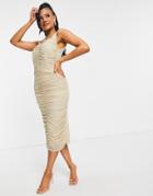 Tfnc Ruched Body-conscious Midi Dress In Gold