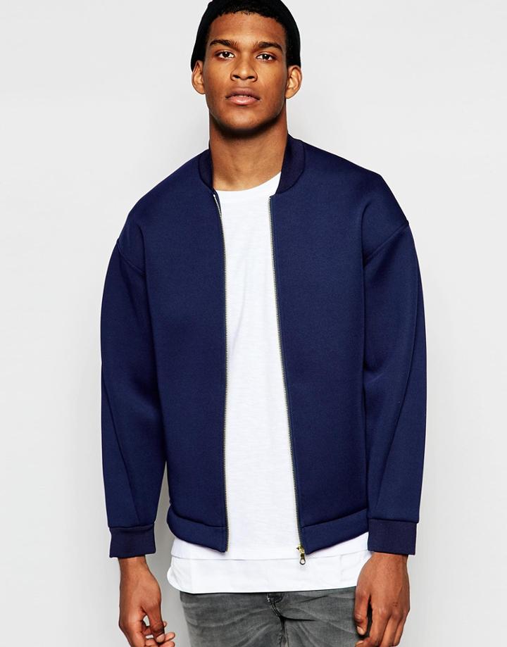 Asos Drop Shoulder Neoprene Bomber Jacket In Navy - Navy
