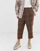 Asos Design Drop Crotch Tapered Smart Pants In Brown Wool Mix Check - Brown