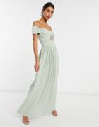 Asos Design Premium Fuller Bust Lace And Pleat Bardot Maxi Dress In Sage-green