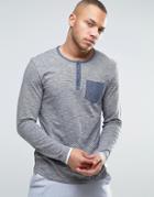 Esprit Long Sleeve Henley Top In Fine Stripe With Contrast Pocket - Gray