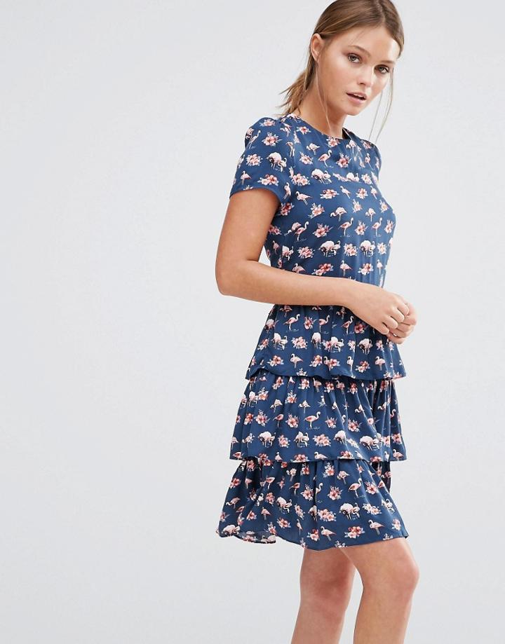 Oasis Flamingo Print Tiered Dress - Multi Navy