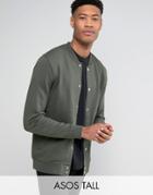 Asos Tall Jersey Bomber Jacket With Snaps In Khaki - Green