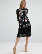 Asos Premium Midi Skater Dress With Floral Embroidery - Black