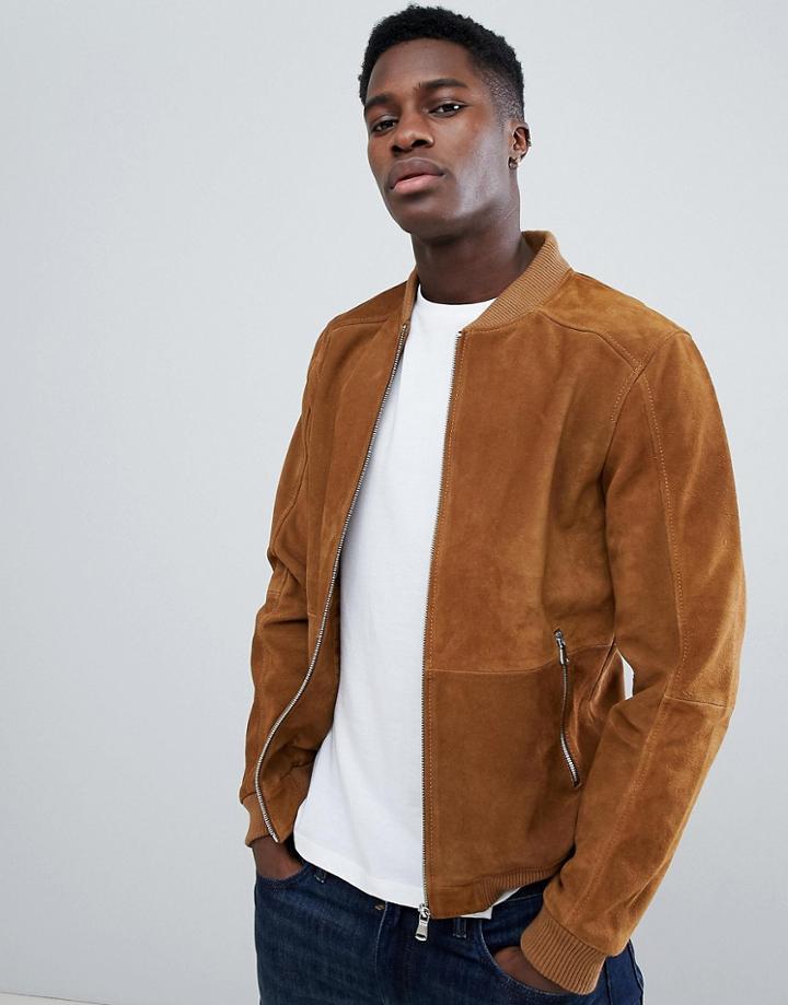 Esprit Suede Bomber Jacket In Tan - Beige